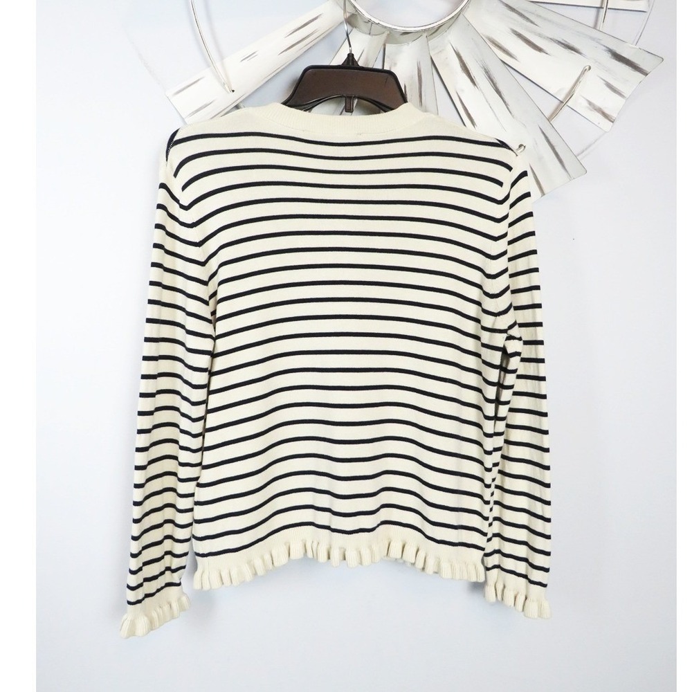 Zara Cream & Navy Stripe Ruffle Trim Cardigan Medium Button Front Bangladesh - Picture 8 of 12